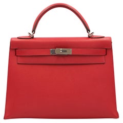 Hermes Kelly 32 Sellier Rouge Epsom avec quincaillerie en Palladium