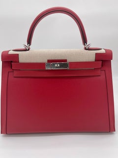 Hermes Rouge Piment Kelly 32 Sellier Swift and Toile Berline Palladium Hardware