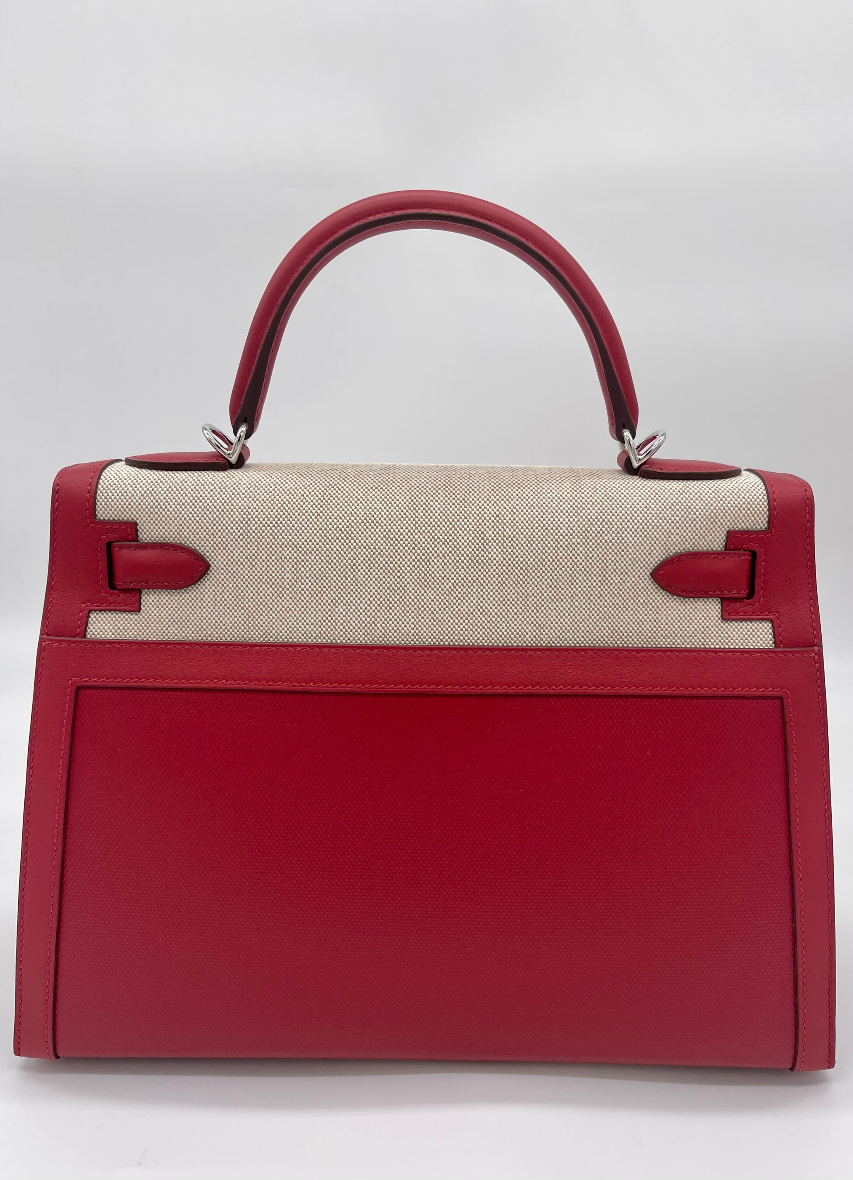 Women's or Men's Hermes Kelly 32 Sellier Rouge Piment Swift and Toile Berline Palladium Hardware For Sale