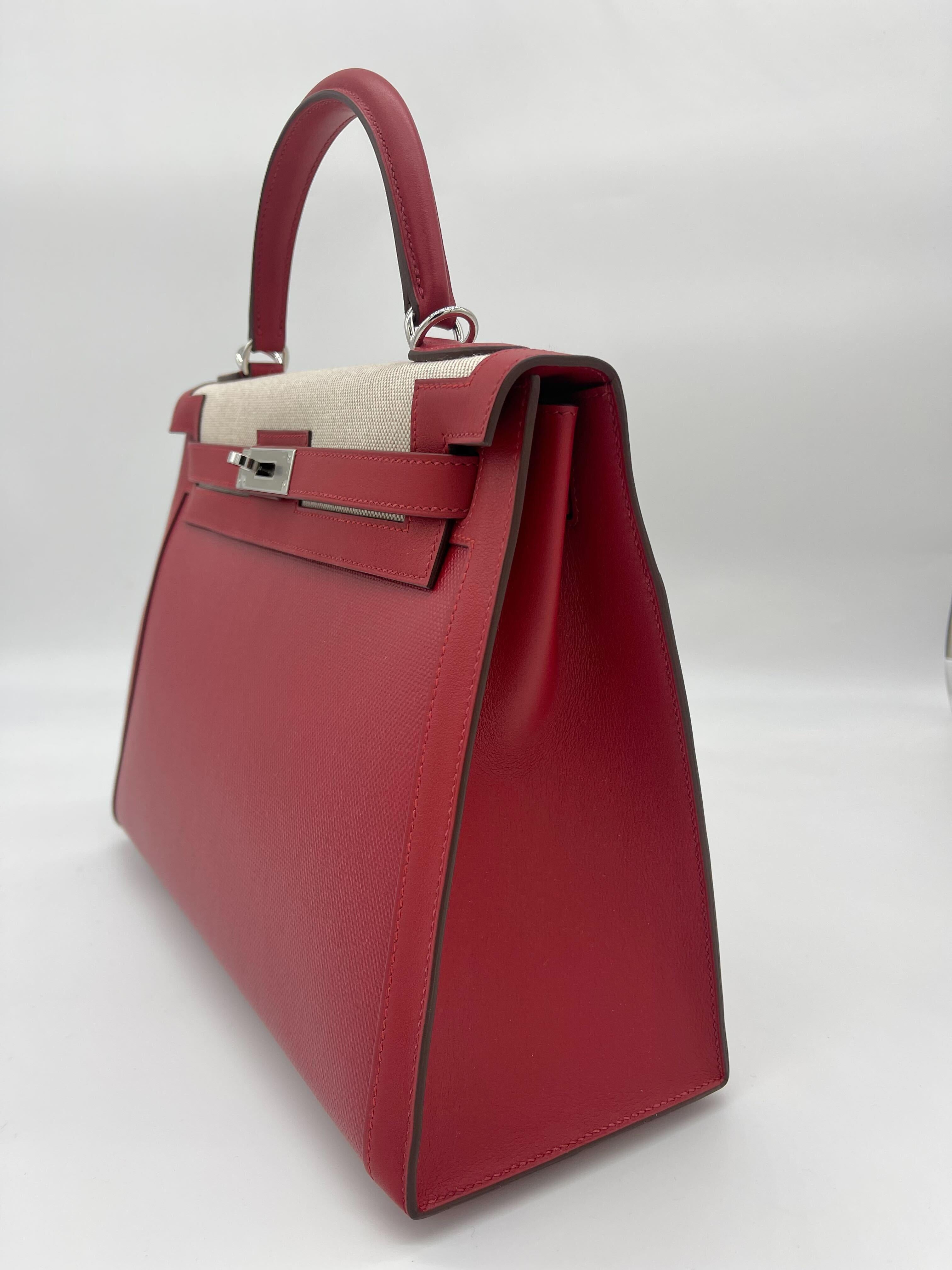 Hermes Kelly 32 Sellier Rouge Piment Swift and Toile Berline Palladium Hardware 1