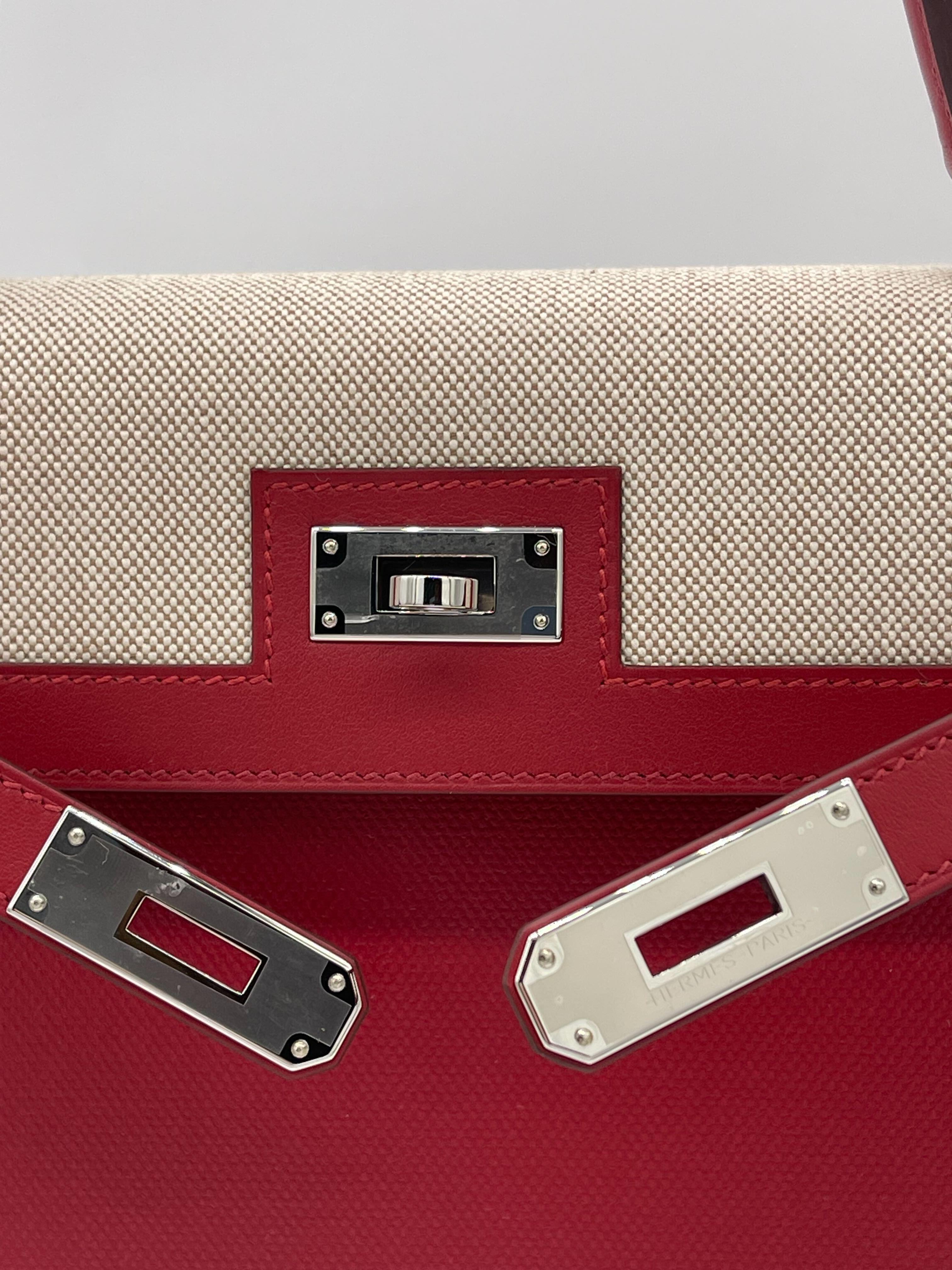 Hermes Kelly 32 Sellier Rouge Piment Swift and Toile Berline Palladium Hardware 2
