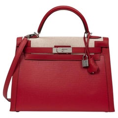 Hermes Kelly 32 Sellier Rouge Piment Swift et Toile Berline Palladium Hardware