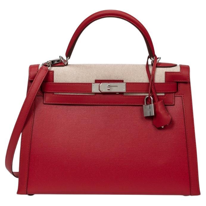Hermes Kelly 32 Sellier Rouge Piment Swift and Toile Berline Palladium Hardware For Sale