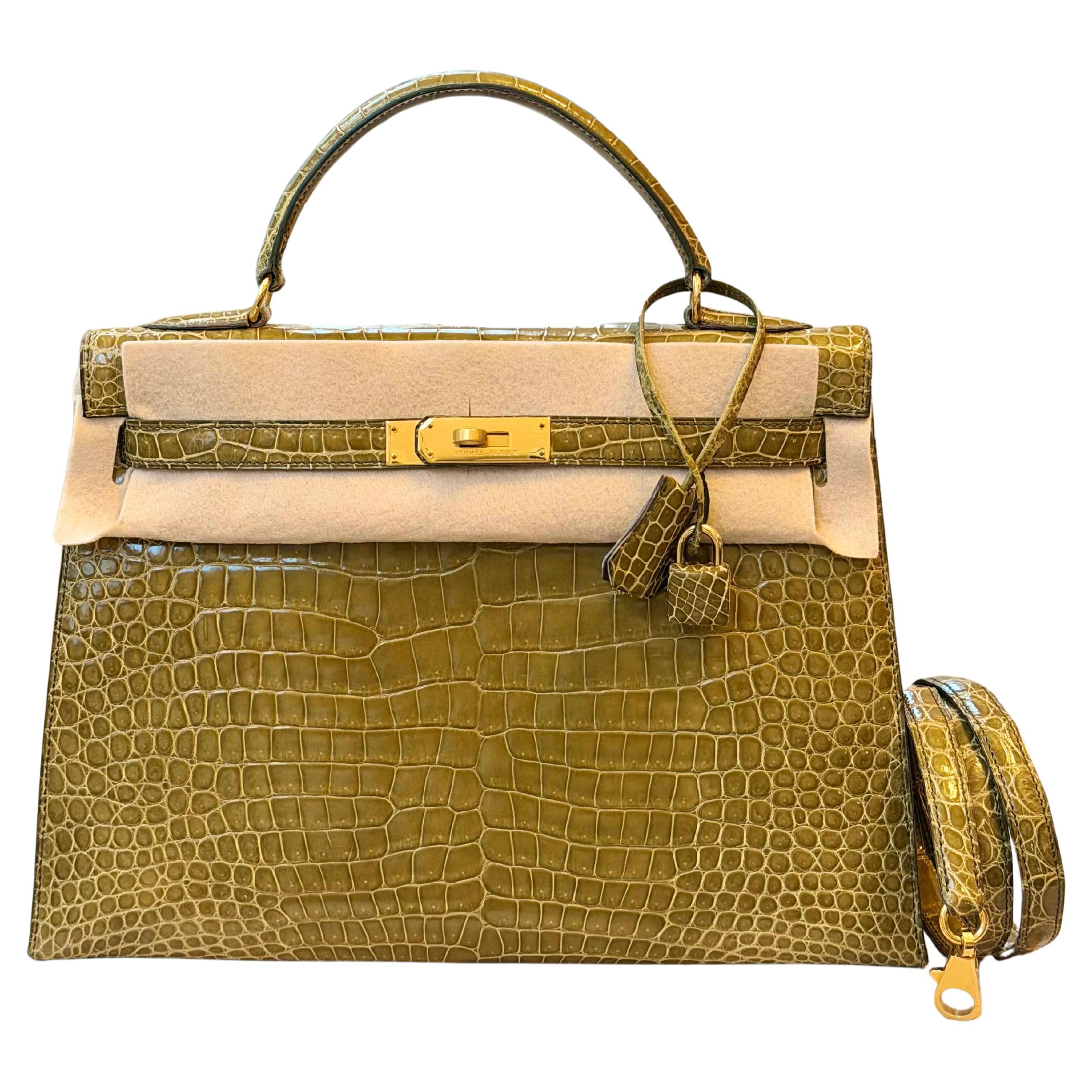 Hermes Kelly 32 Sellier Shiny crocodile Vert Anis Bag GHW im Angebot