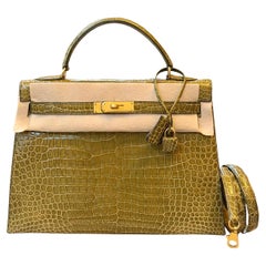 Hermes Kelly 32 Sellier Shiny crocodile Vert Anis Bag GHW