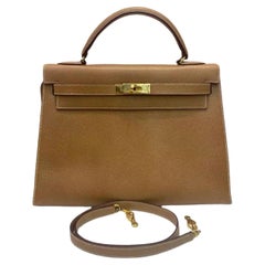 Hermes Kelly 32 Sellier Vintage Gold Epsom Leather Gold Hardware With Strap 1990