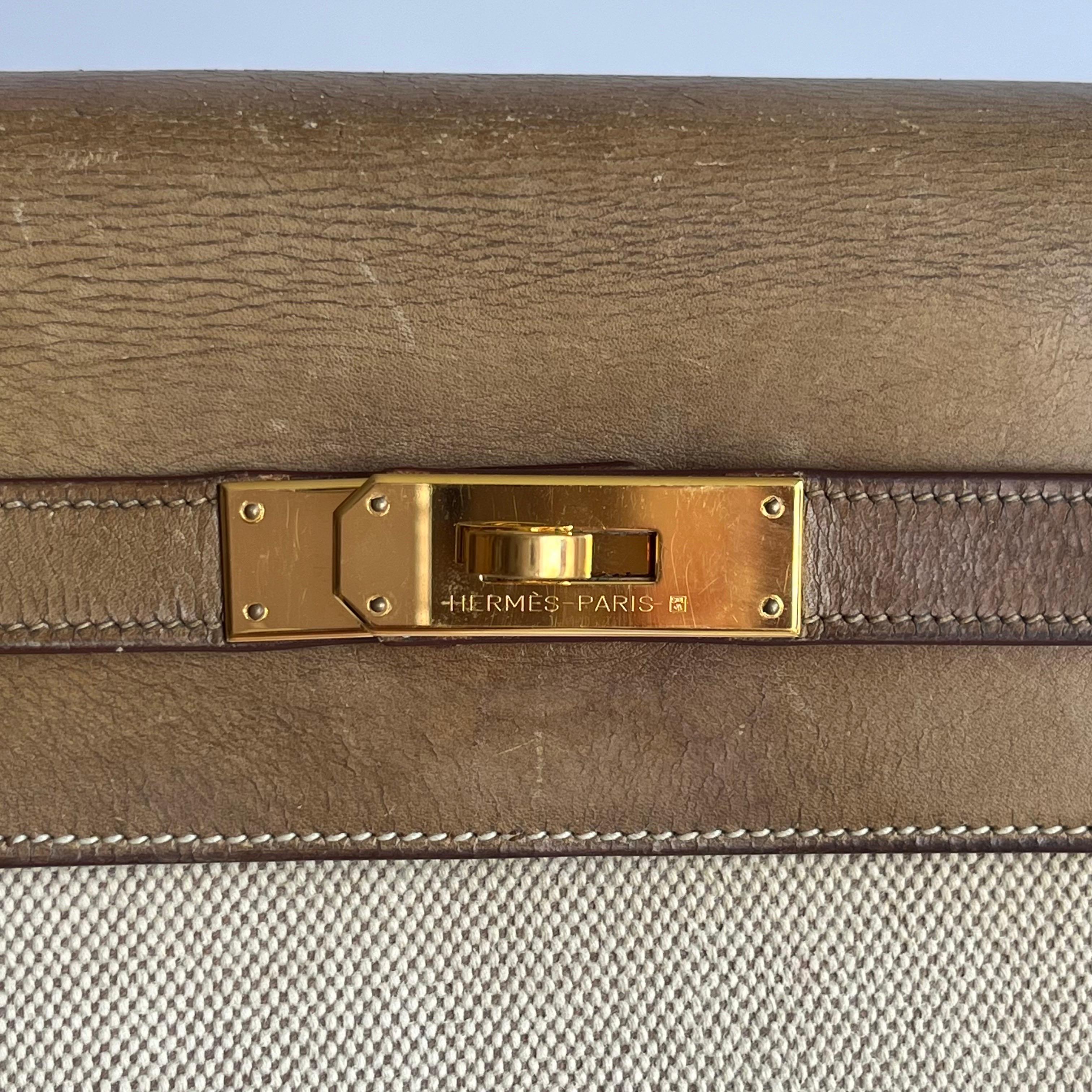 Hermes Kelly 32 Sellier Vintage Naturleder und Canvas Gold Hardware im Angebot 5