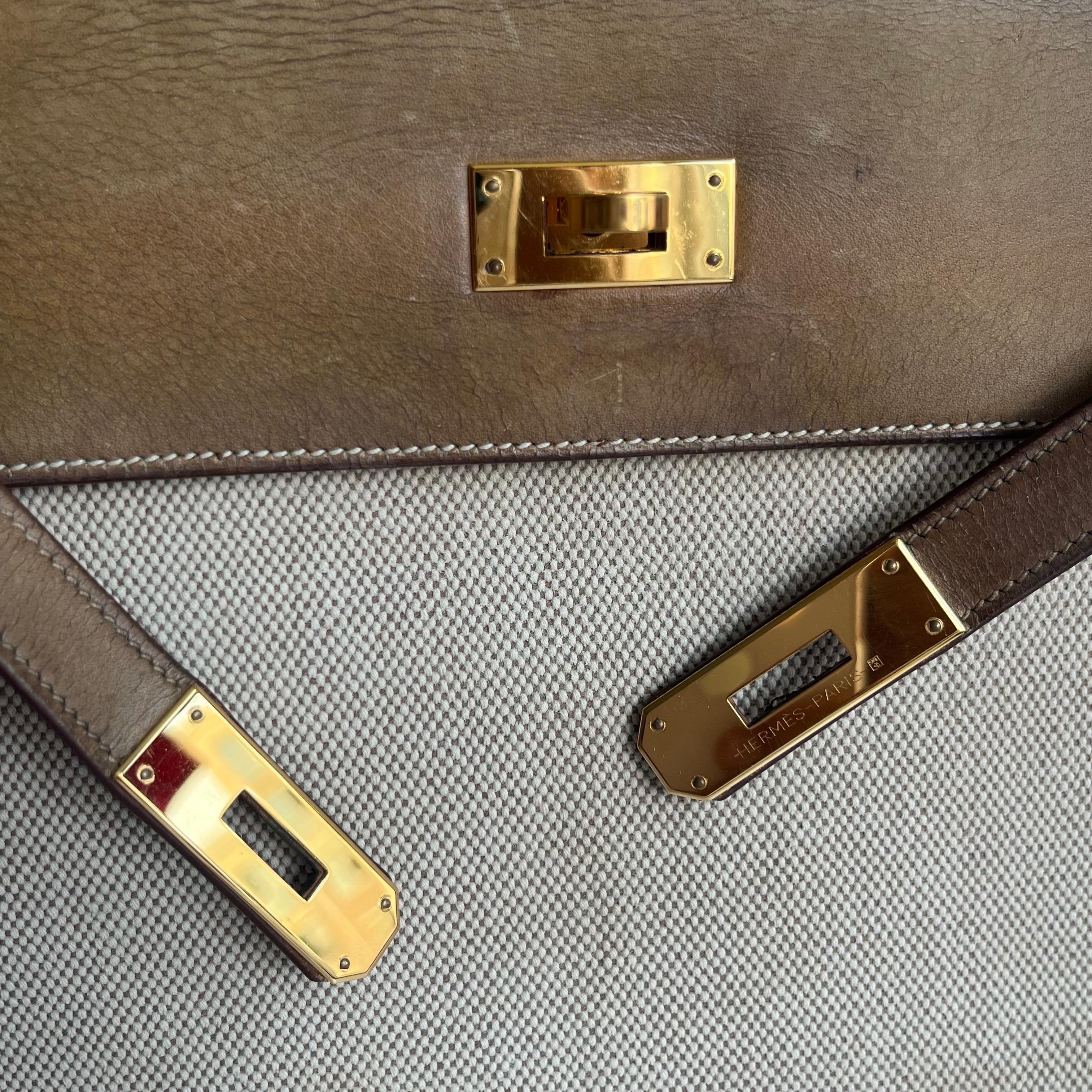 Hermes Kelly 32 Sellier Vintage Naturleder und Canvas Gold Hardware im Angebot 6