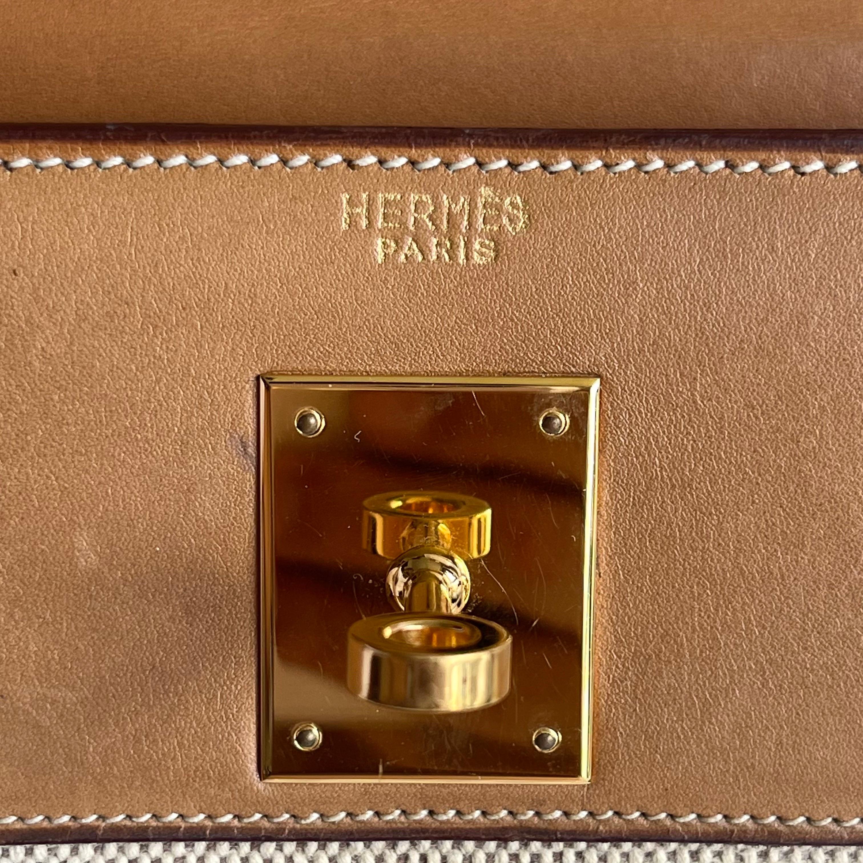 Hermes Kelly 32 Sellier Vintage Naturleder und Canvas Gold Hardware im Angebot 7
