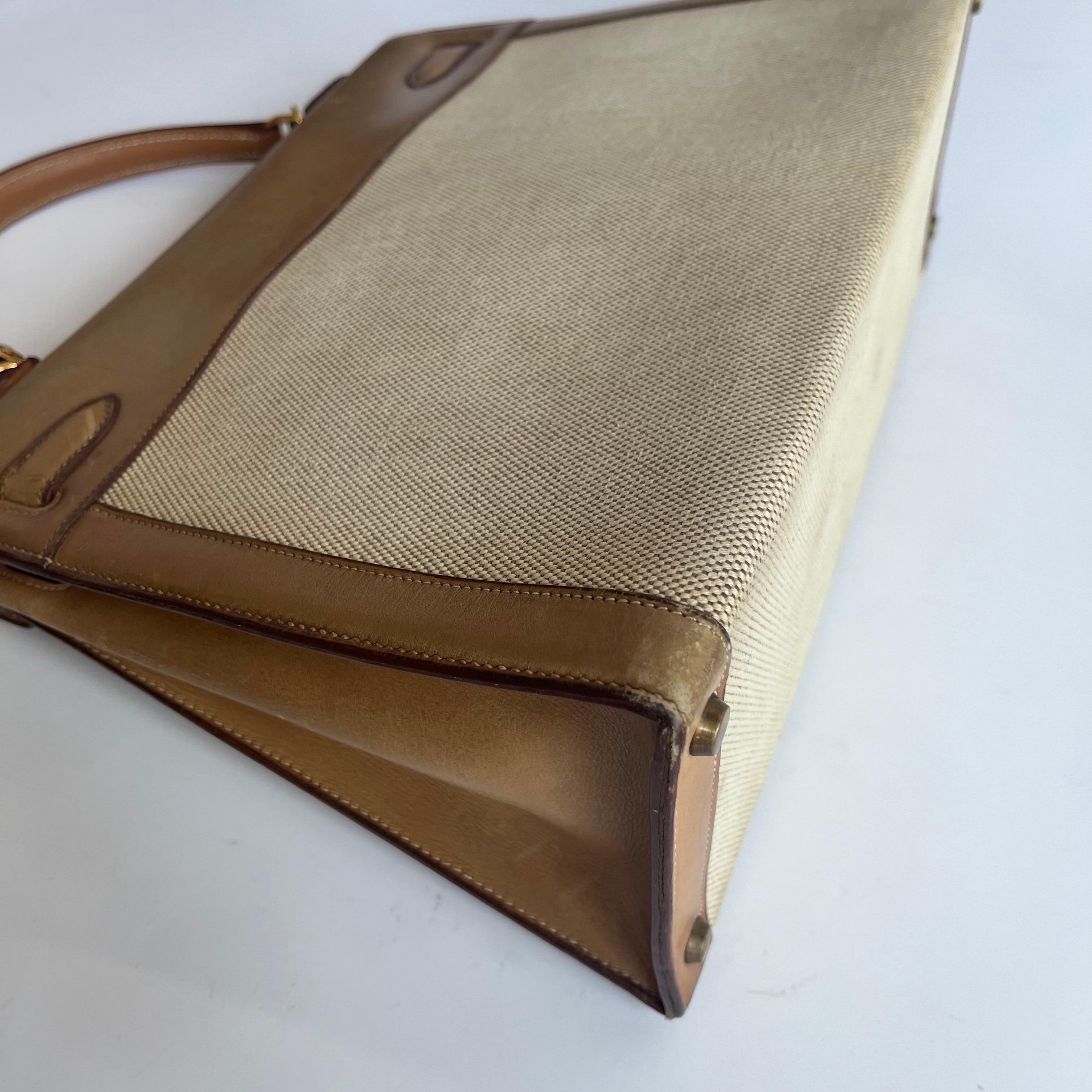 Hermes Kelly 32 Sellier Vintage Naturleder und Canvas Gold Hardware im Angebot 11
