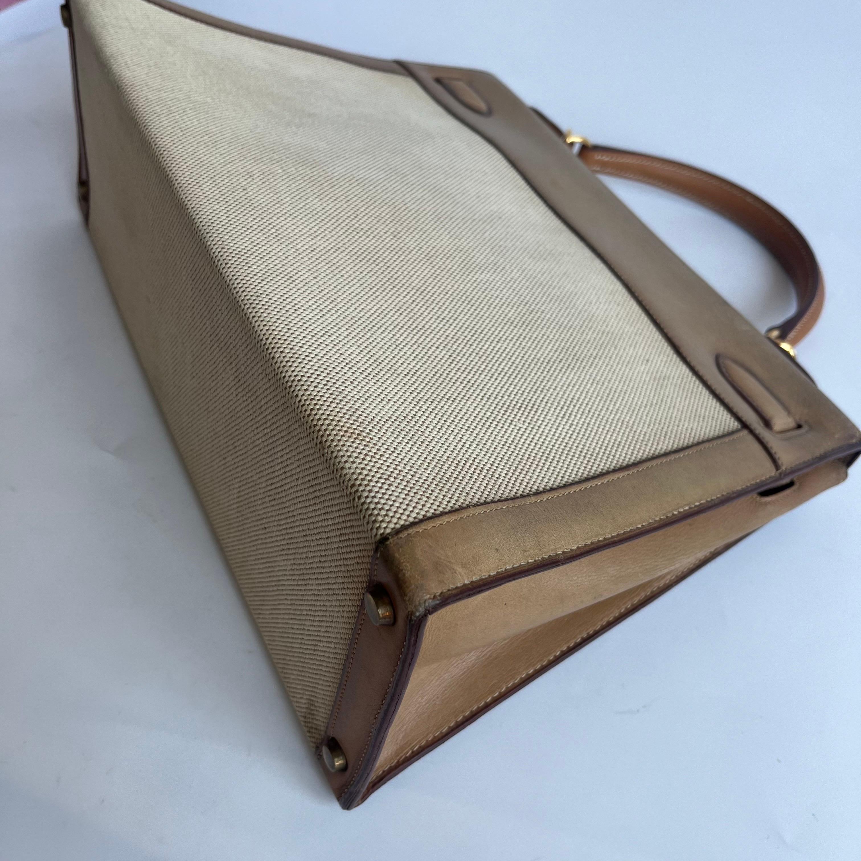 Hermes Kelly 32 Sellier Vintage Naturleder und Canvas Gold Hardware im Angebot 12