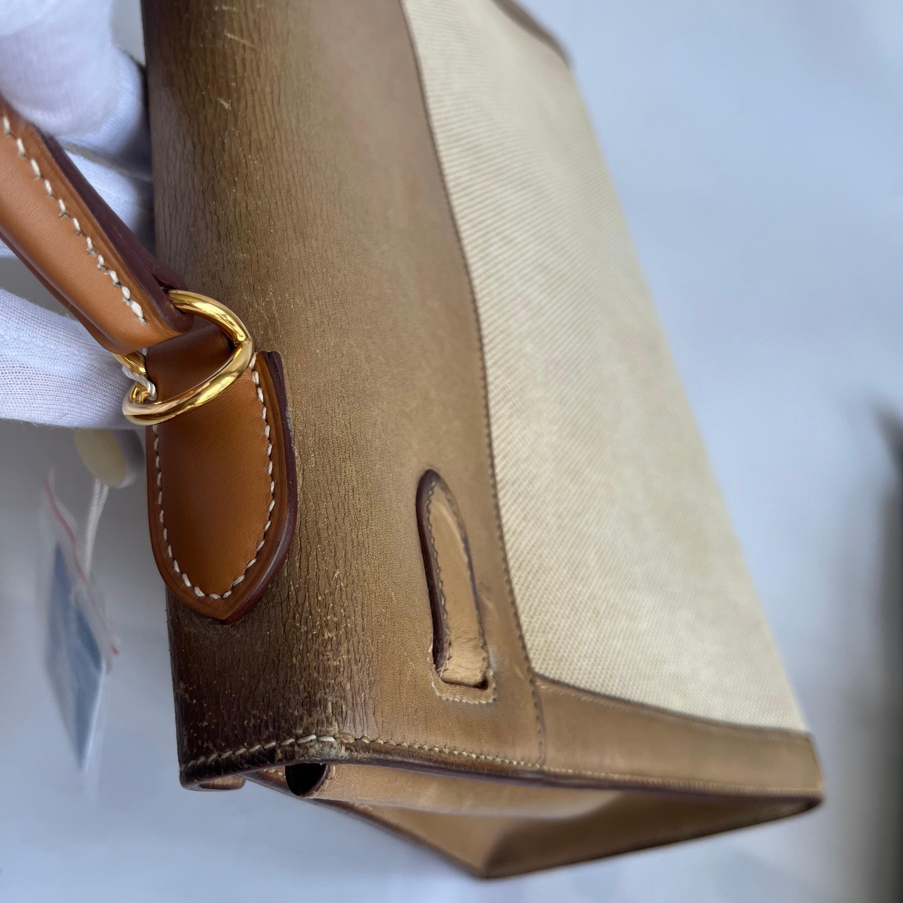 Hermes Kelly 32 Sellier Vintage Naturleder und Canvas Gold Hardware im Angebot 13