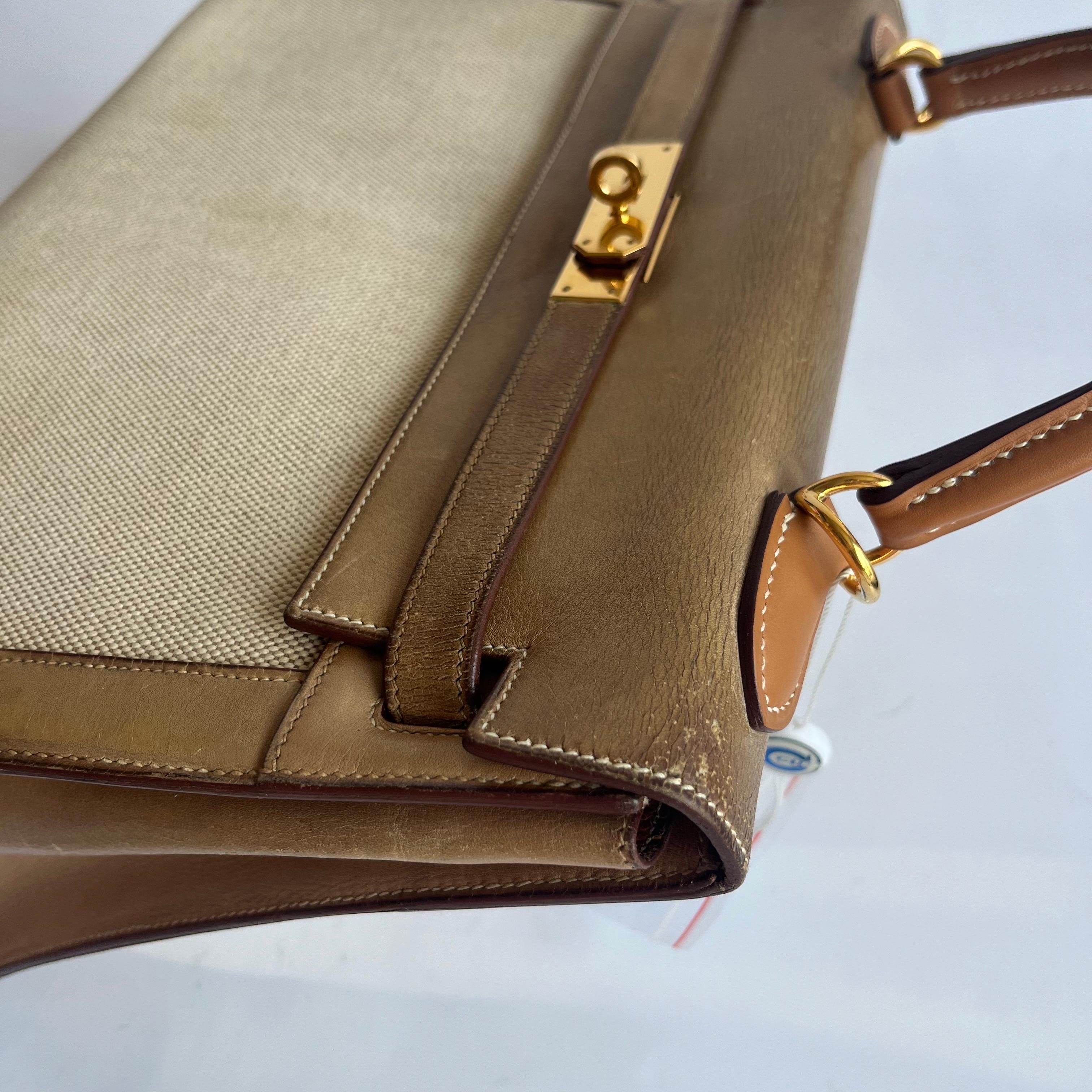 Hermes Kelly 32 Sellier Vintage Naturleder und Canvas Gold Hardware im Angebot 14