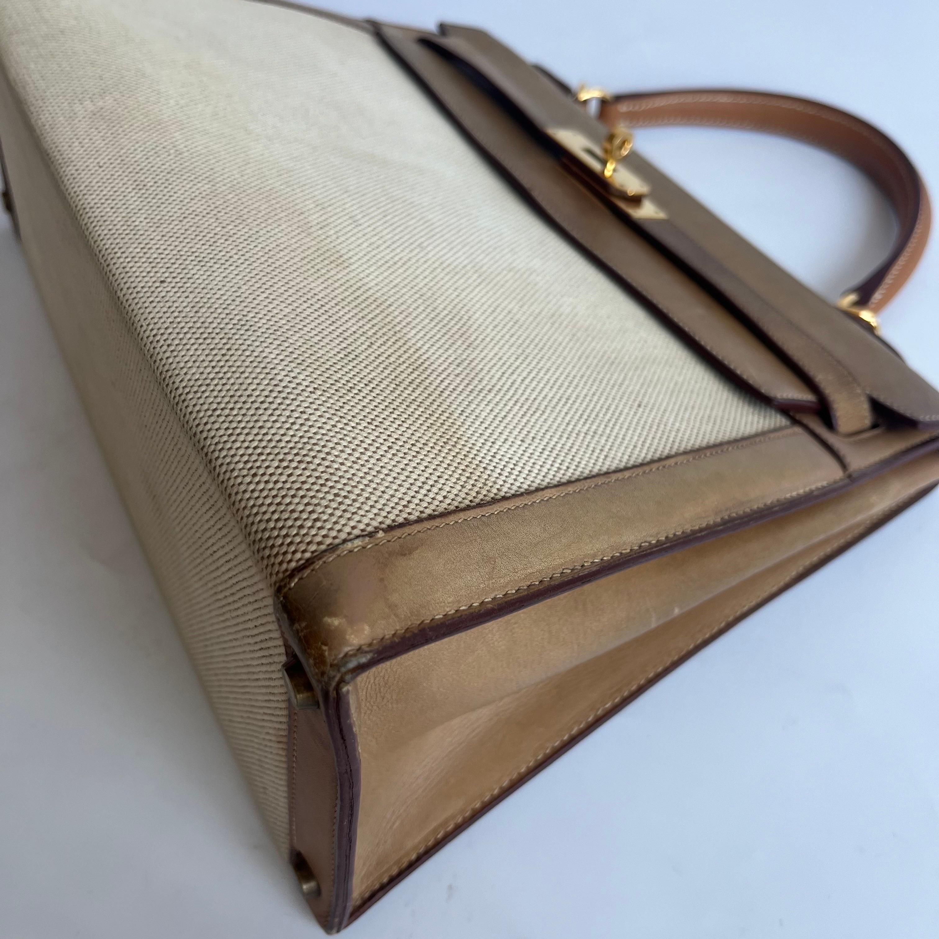 Hermes Kelly 32 Sellier Vintage Naturleder und Canvas Gold Hardware im Angebot 1