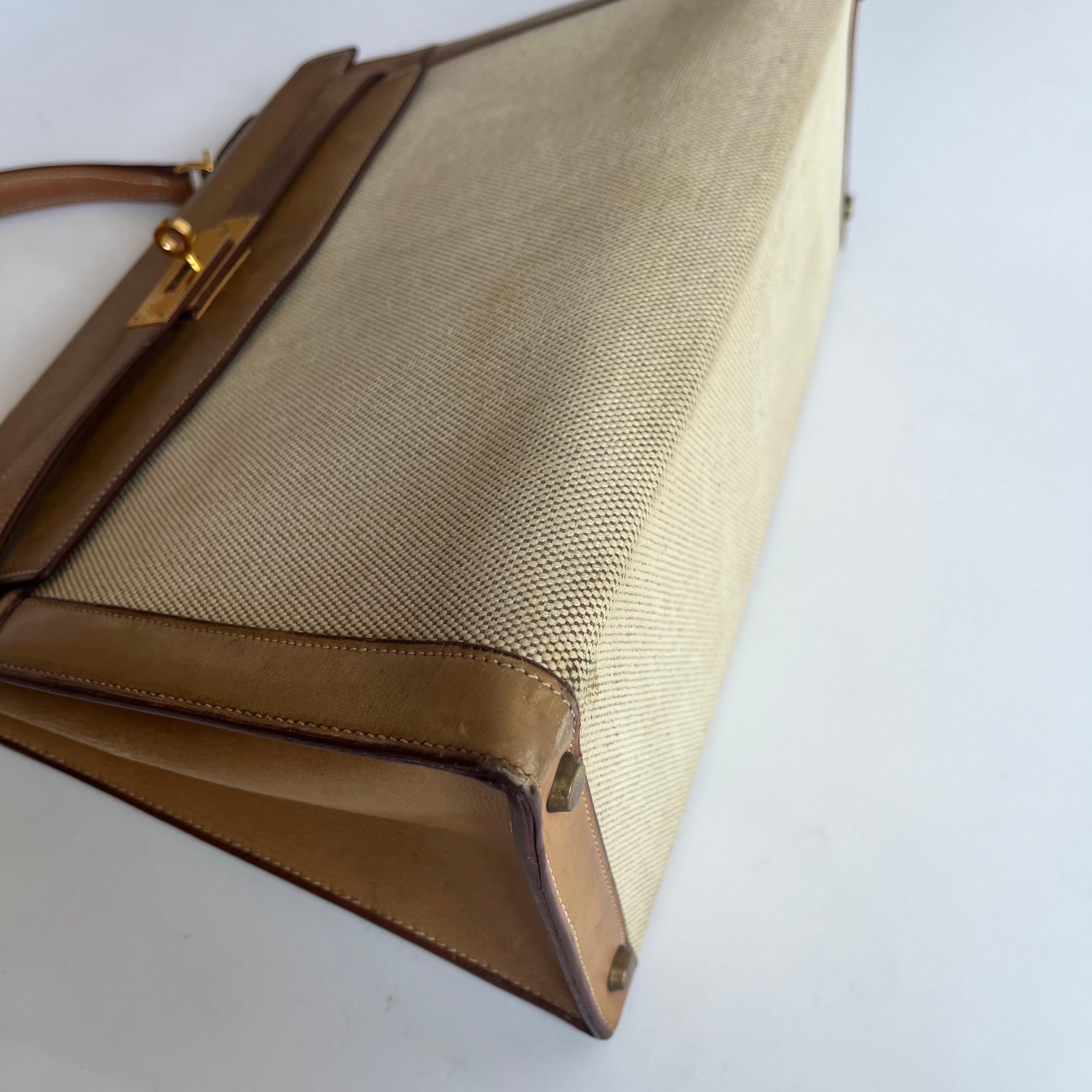 Hermes Kelly 32 Sellier Vintage Naturleder und Canvas Gold Hardware im Angebot 2