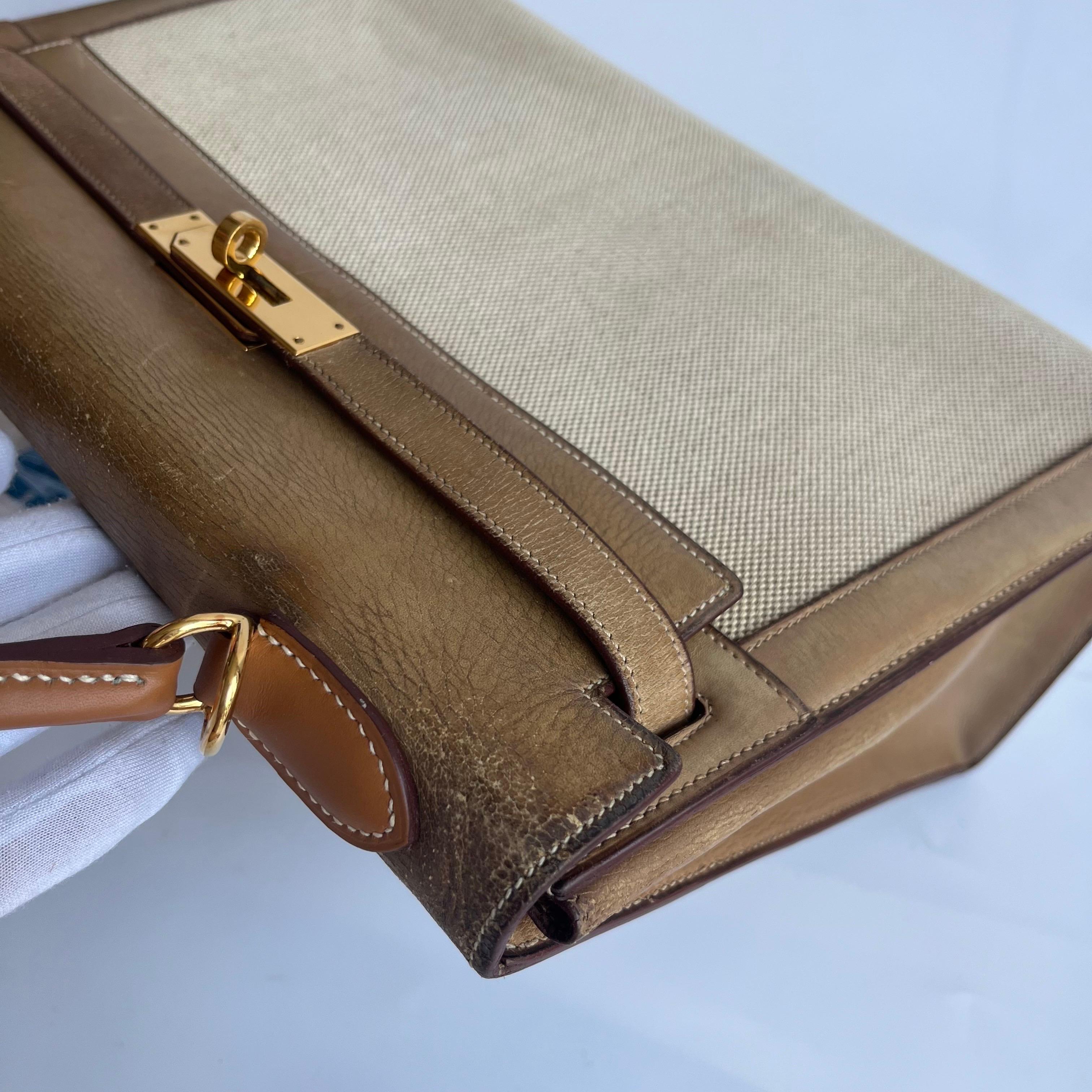 Hermes Kelly 32 Sellier Vintage Naturleder und Canvas Gold Hardware im Angebot 3