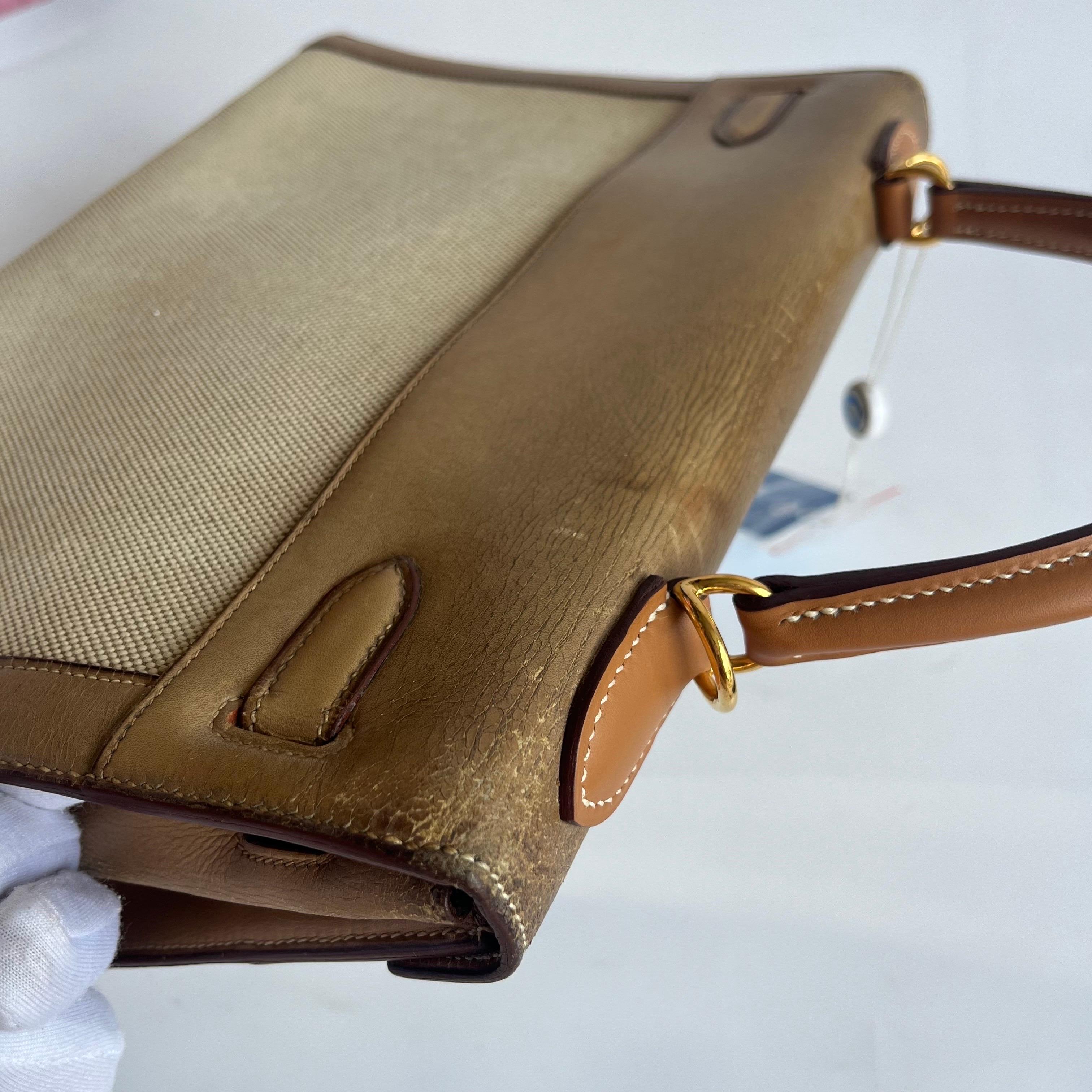 Hermes Kelly 32 Sellier Vintage Naturleder und Canvas Gold Hardware im Angebot 4