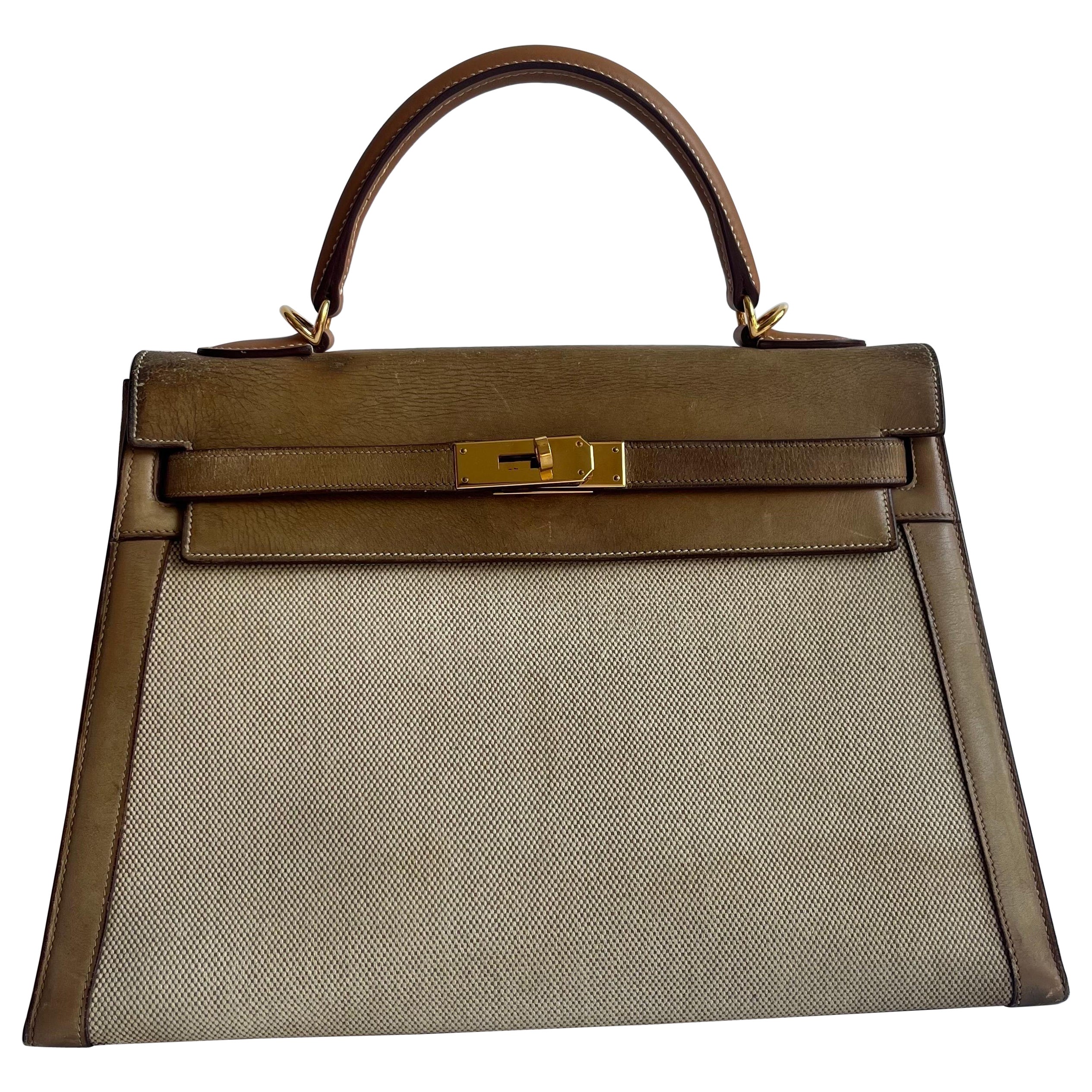 Hermes Kelly 32 Sellier Vintage Naturleder und Canvas Gold Hardware im Angebot