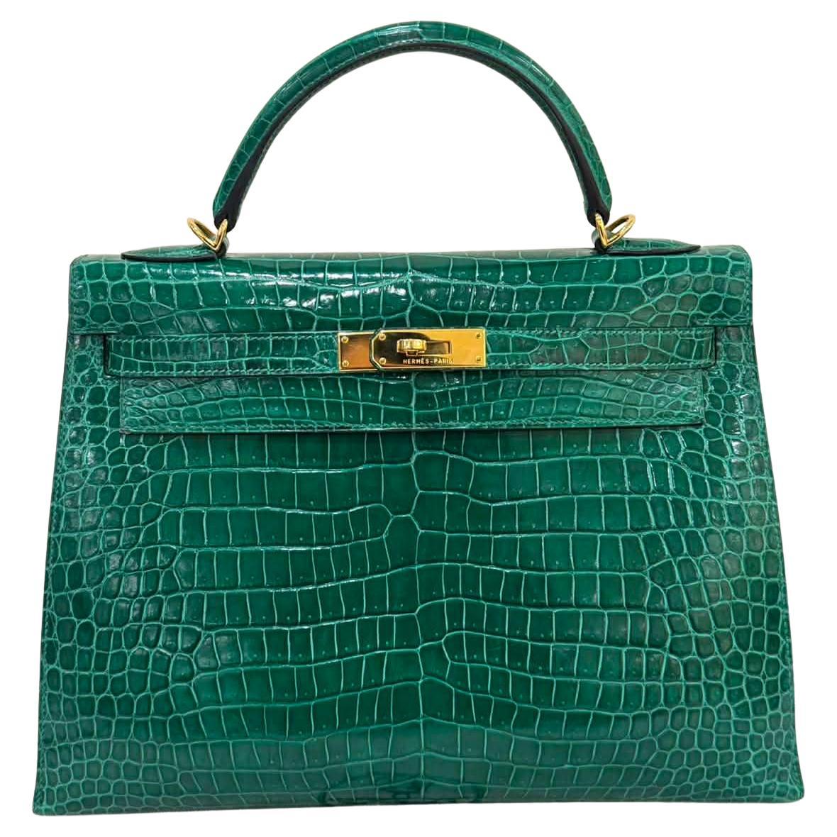 Hermes Kelly 32 Shiny Porosus Crocodile Emerald Bag For Sale