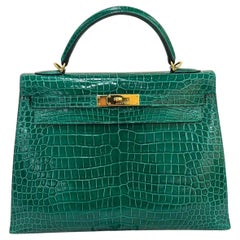 Hermes Kelly 32 Shiny Porosus Crocodile Emerald Bag