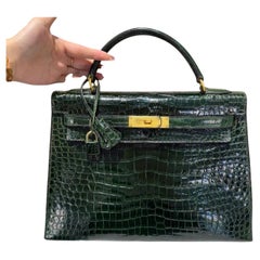 Hermes Kelly 32 shiny Porosus Crocodile Vert Fonce bag