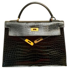 Hermes Kelly 32 shiny Porosus Crocodile Vert Fonce bag