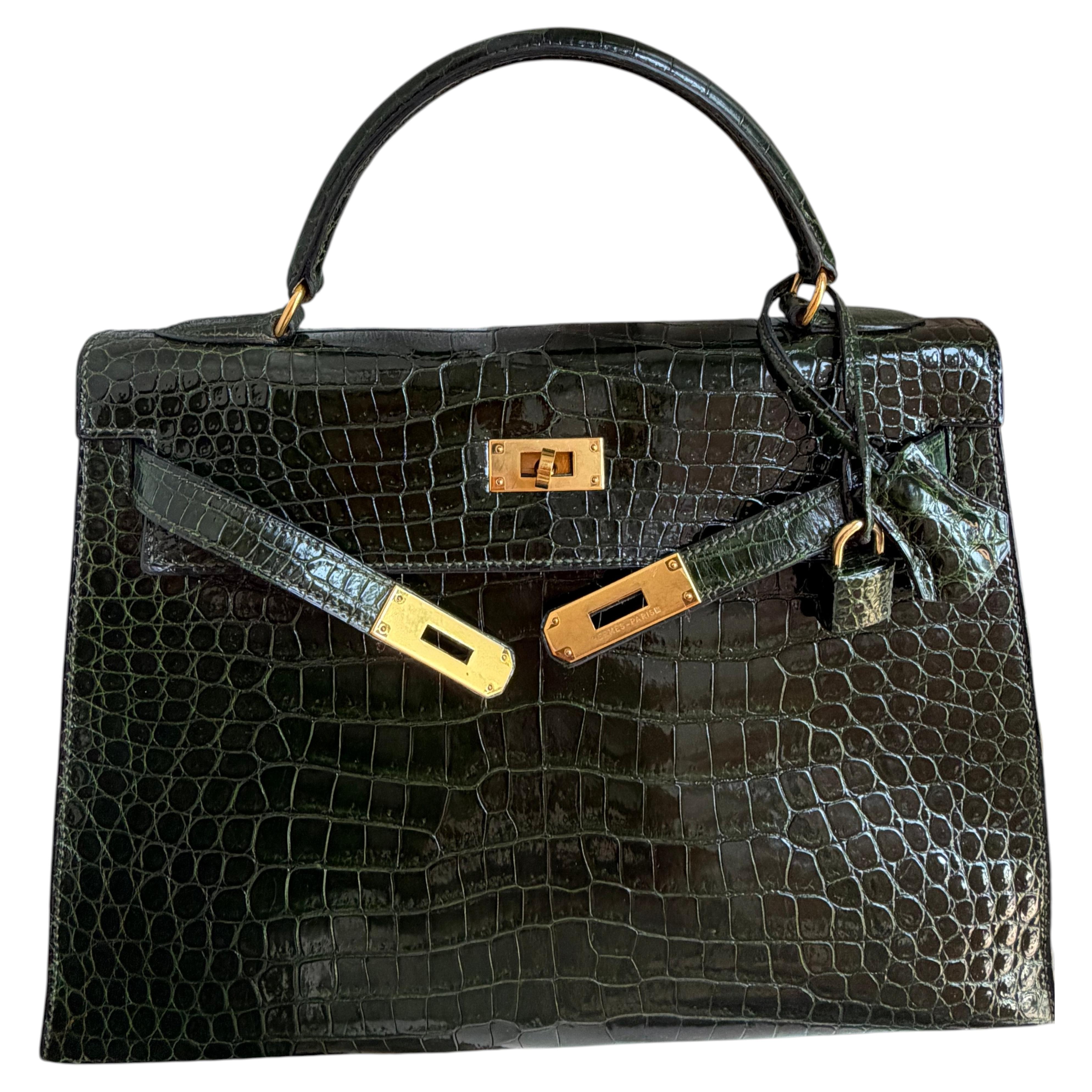 Sac Hermès Kelly 32 en crocodile Porosus brillant, vert foncé