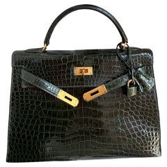 Hermes Kelly 32 shiny Porosus Crocodile Vert Fonce bag
