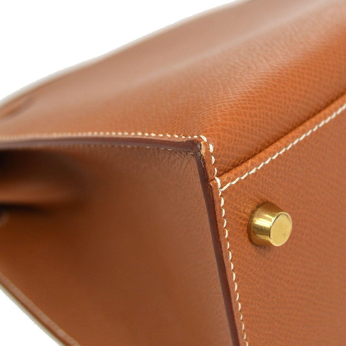 Brown HERMES Kelly 32 Tan Beige Cognac Leather Gold Top Handle Shoulder Tote Bag