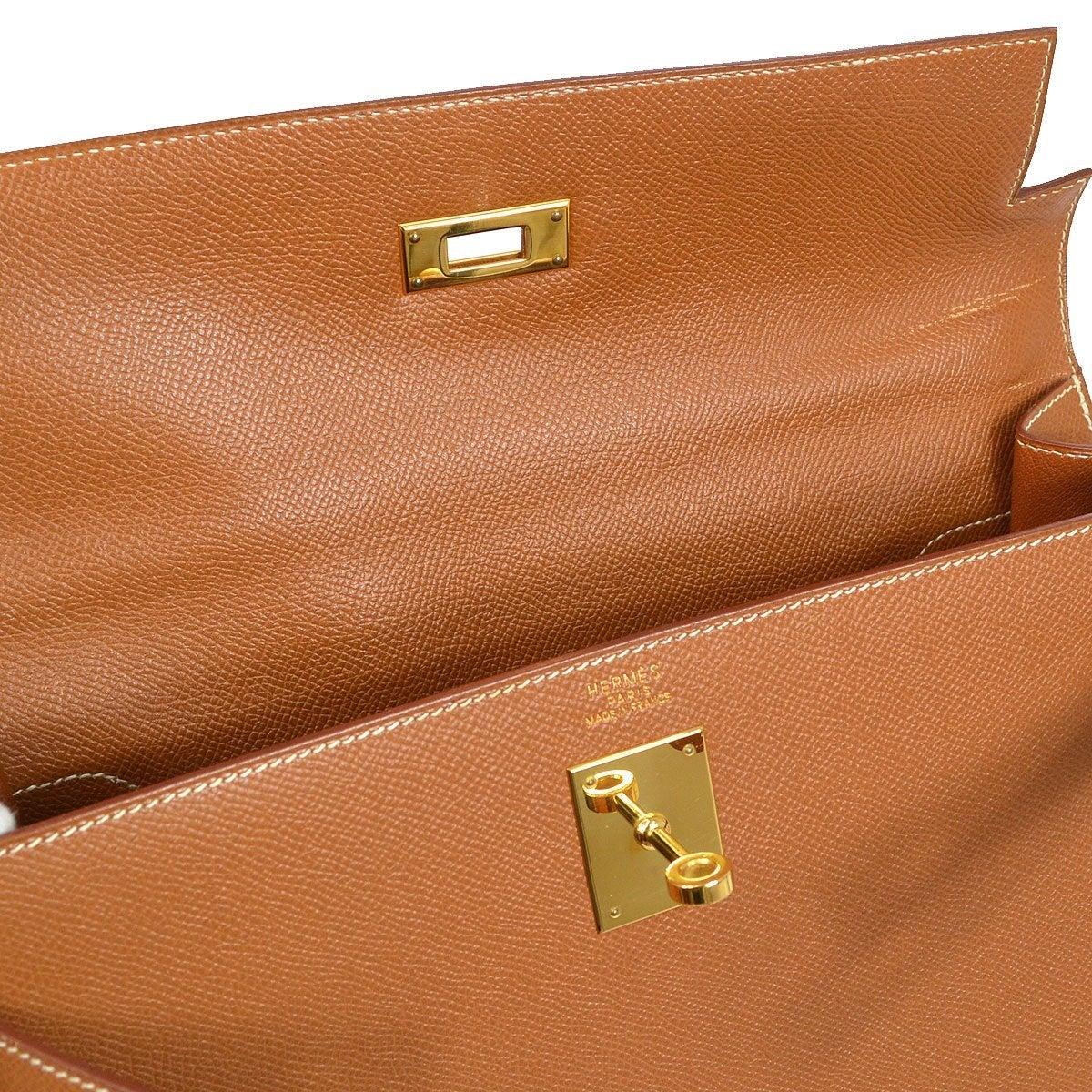 HERMES Kelly 32 Tan Beige Cognac Leather Gold Top Handle Shoulder Tote Bag In Good Condition In Chicago, IL