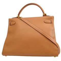 HERMES Kelly 32 Tan Beige Cognac Natural Gold Top Handle Shoulder Tote Bag