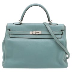 Vintage Hermes Kelly 32 Taurillon Clemence Blue Lin