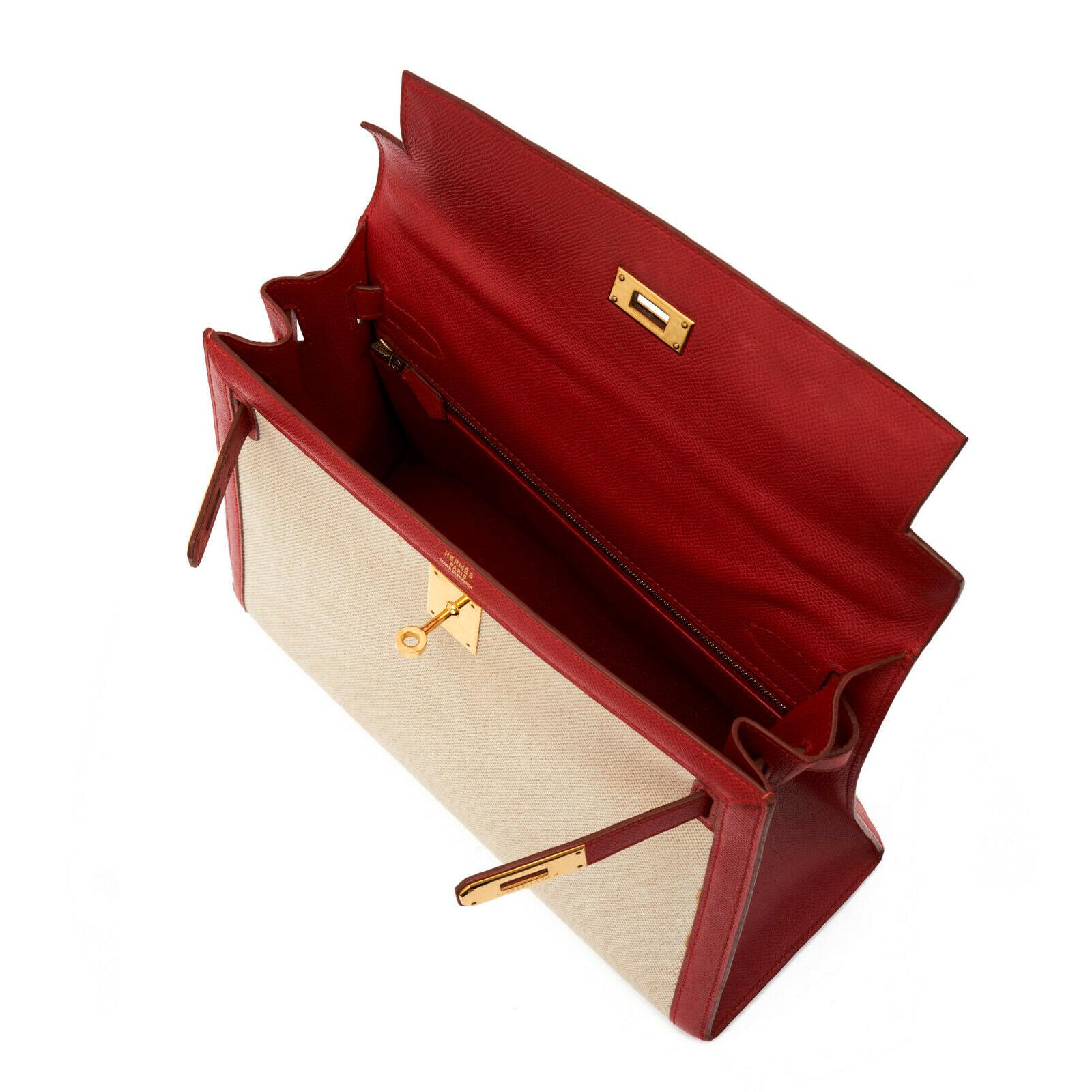 Beige Hermes Kelly 32 Toile Rouge For Sale