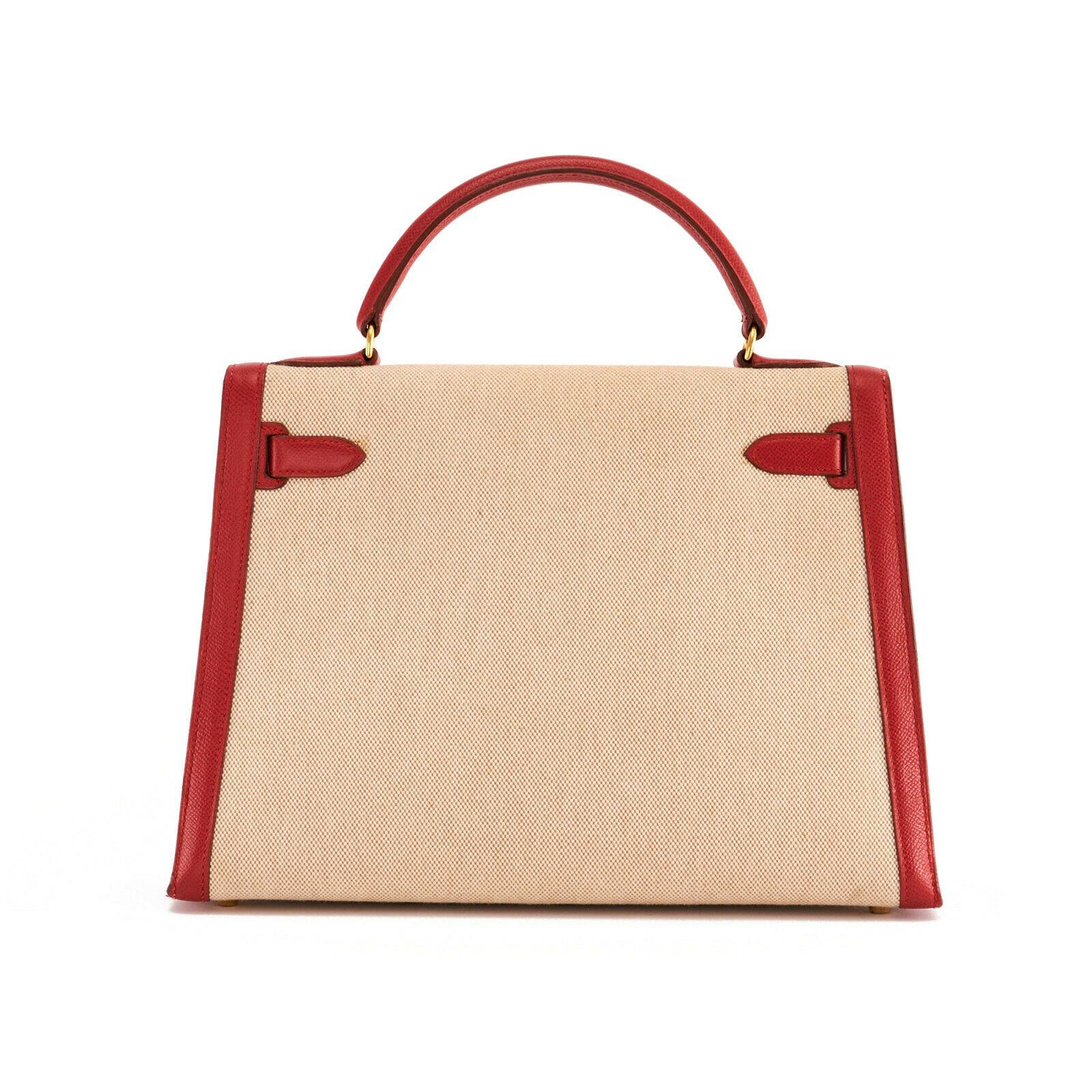 Hermès - Sac Kelly 32 Toile Rouge en vente 2