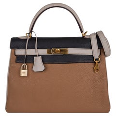Hermes Kelly 32 Dreifarbige Tasche Tabac Camel/Ebene/Parchemin gebürstet Gold Hardware