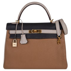 Hermes Kelly 32 Dreifarbige Tasche Tabac Camel/Ebene/Parchemin gebürstet Gold Hardware 