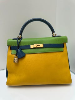 Hermes Kelly 32 vert cru, Jaune, blue thalassa Clemence leather Bag
