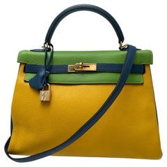 Hermes Kelly no 32 Vert Cru, Gelb, Blau „Thalassa“ – Clemence-Leder-Tasche