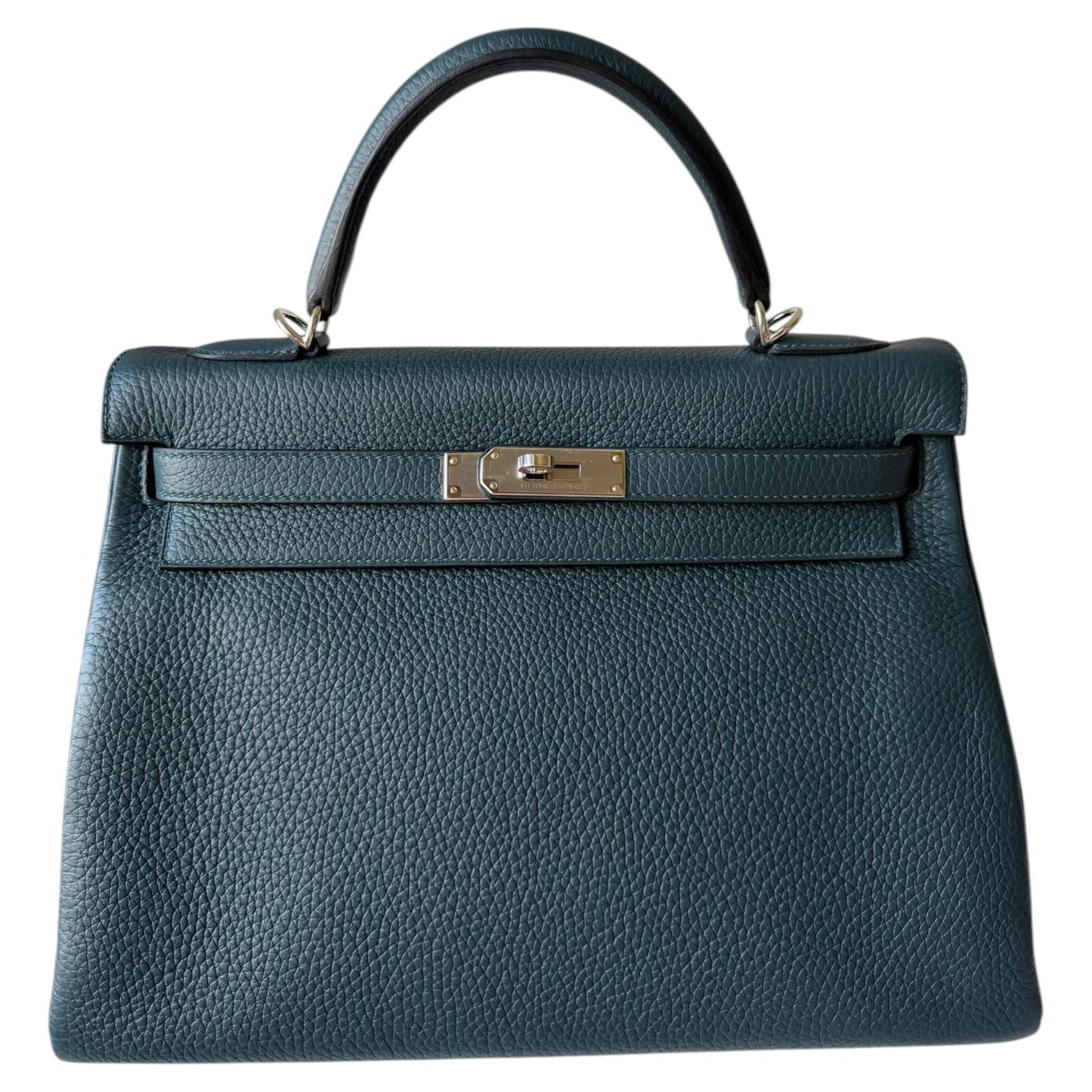 Hermès Kelly 32 Vert Cypres Taurillon Clemence Palladium Hardware For Sale