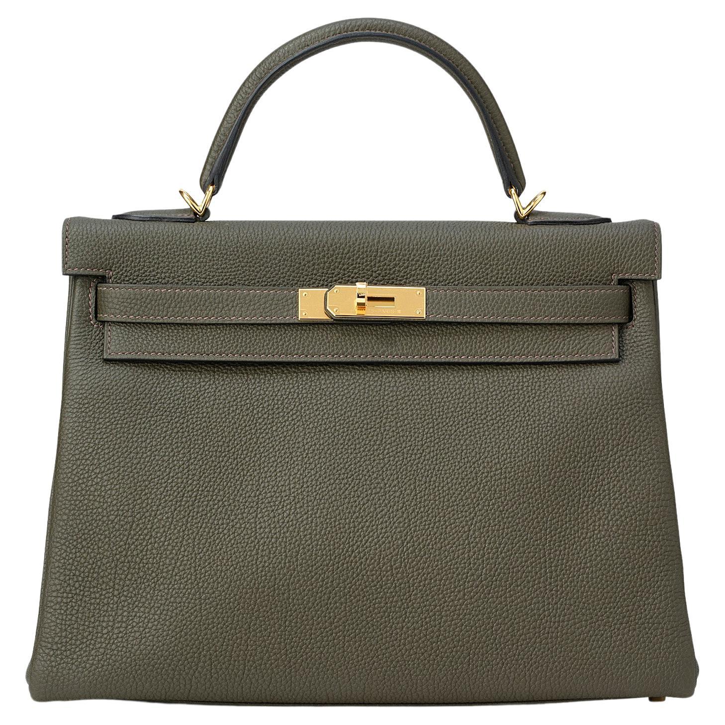 Hermès Kelly 32 Vert de Gris Togo Gold Hardware For Sale