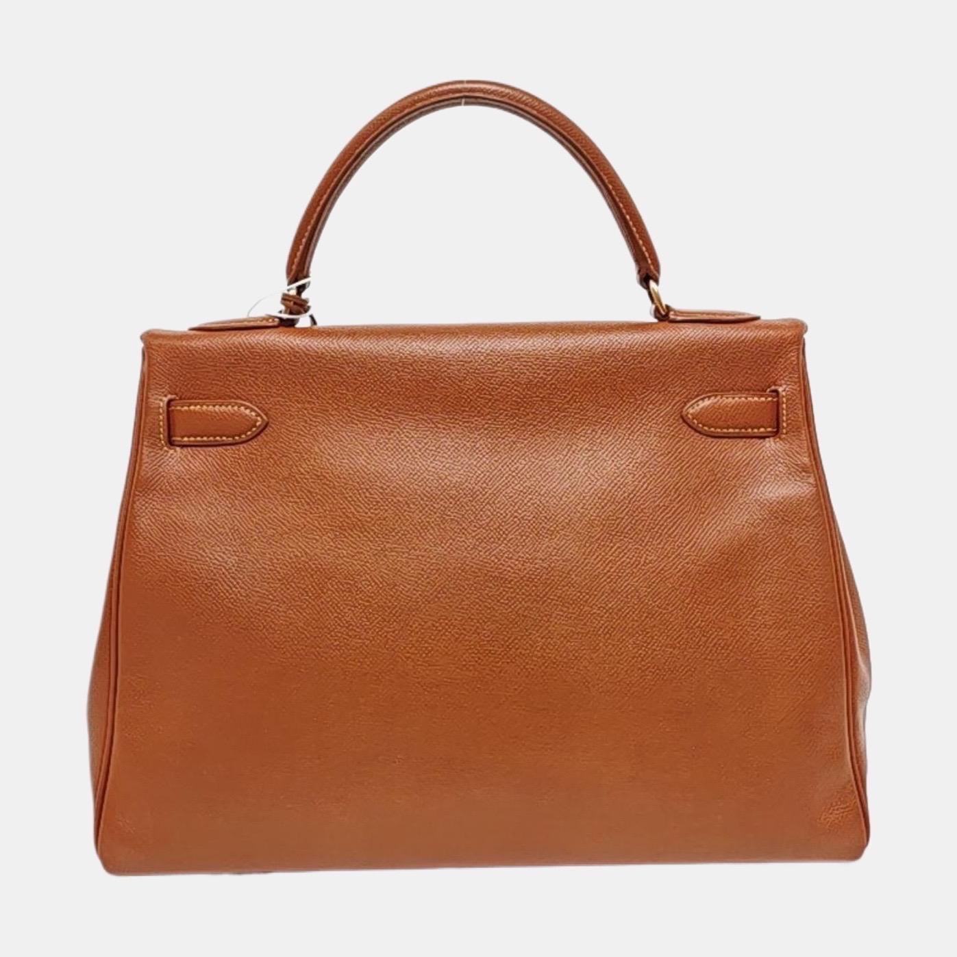 Brown Hermes Kelly 32 Vintage Gold Epsom Retourne Gold Hardware 1993 For Sale