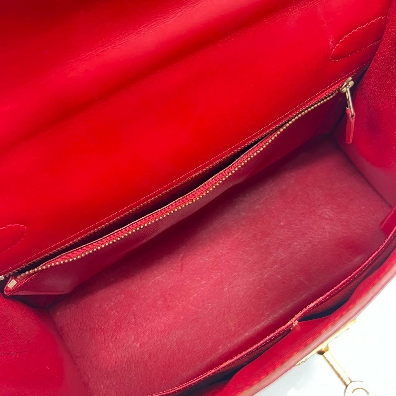 Hermes Kelly 32 Vintage Sellier Rouge Vif Red Box Calf Leather Gold HW 1988 Circ For Sale 6