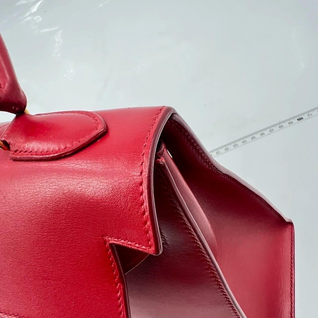 Hermes Kelly 32 Vintage Sellier Rouge Vif Red Box Calf Leather Gold HW 1988 Circ For Sale 8