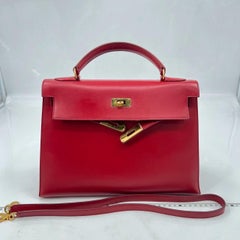 Hermes Kelly 32 Vintage Sellier Rouge Vif Red Box Calf Leather Gold HW 1988 Circ