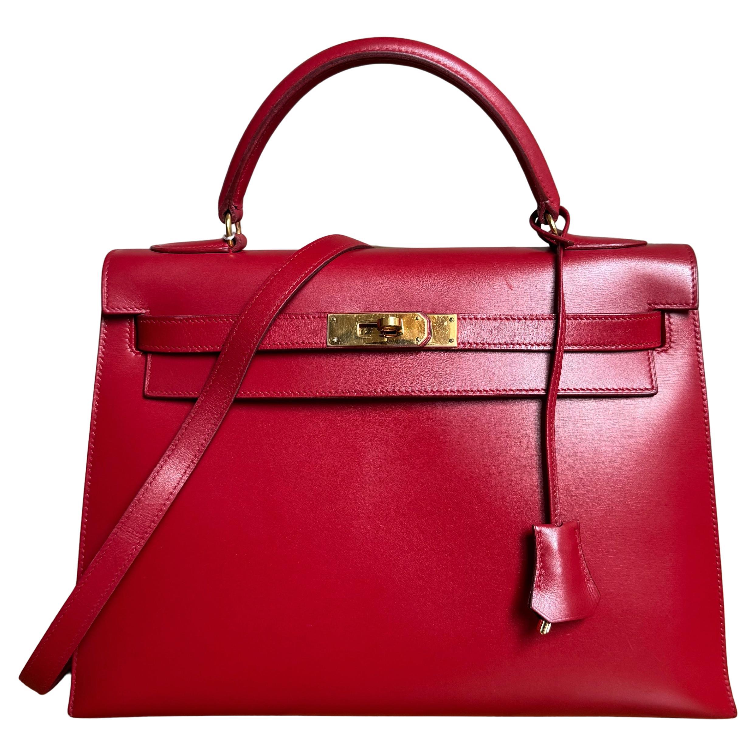 Hermes Kelly 32 Vintage Sellier Rouge Vif Red Box Calf Leather Gold HW 1988 Circ For Sale