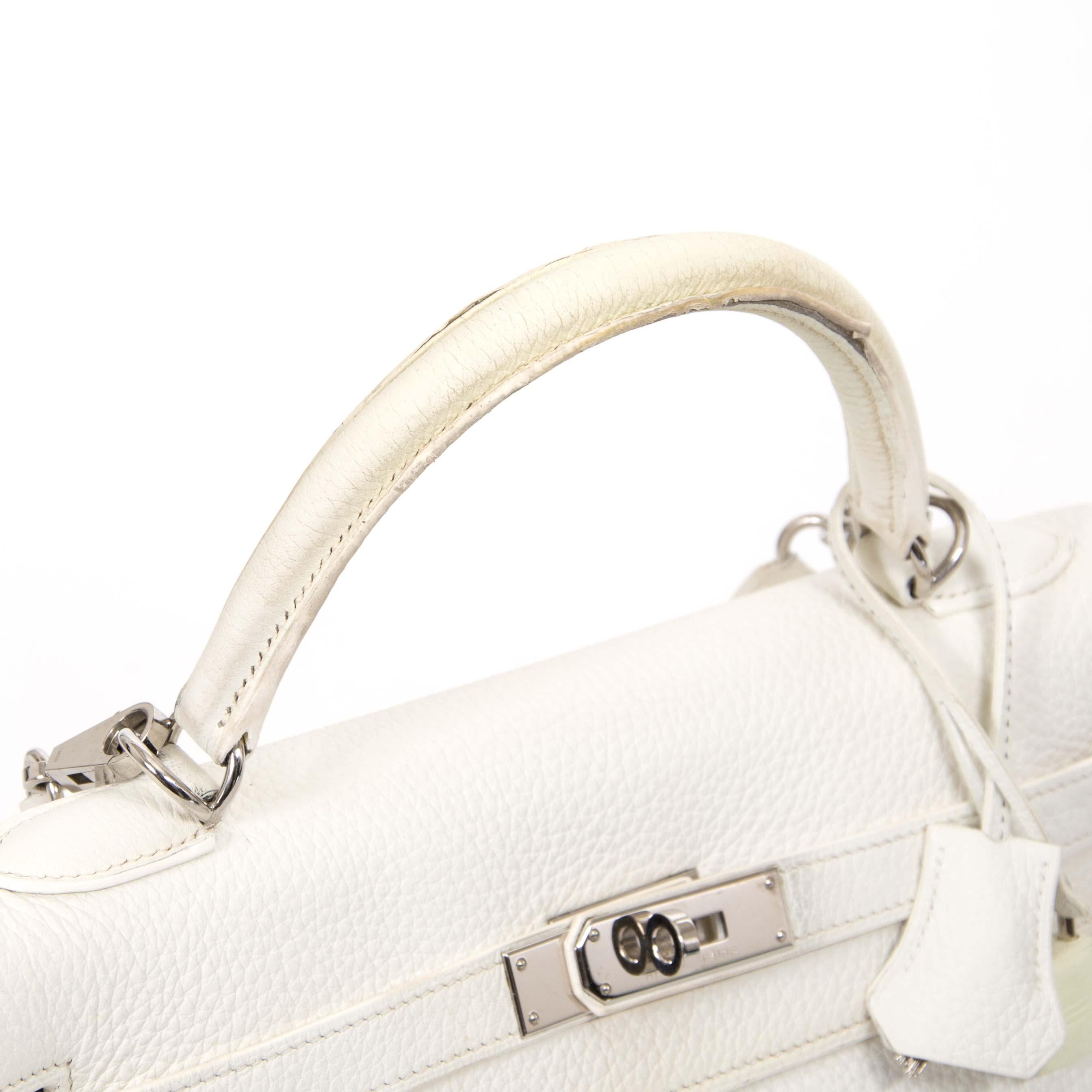Hermès Kelly 32 White Clemence Taurillon PHW For Sale 2