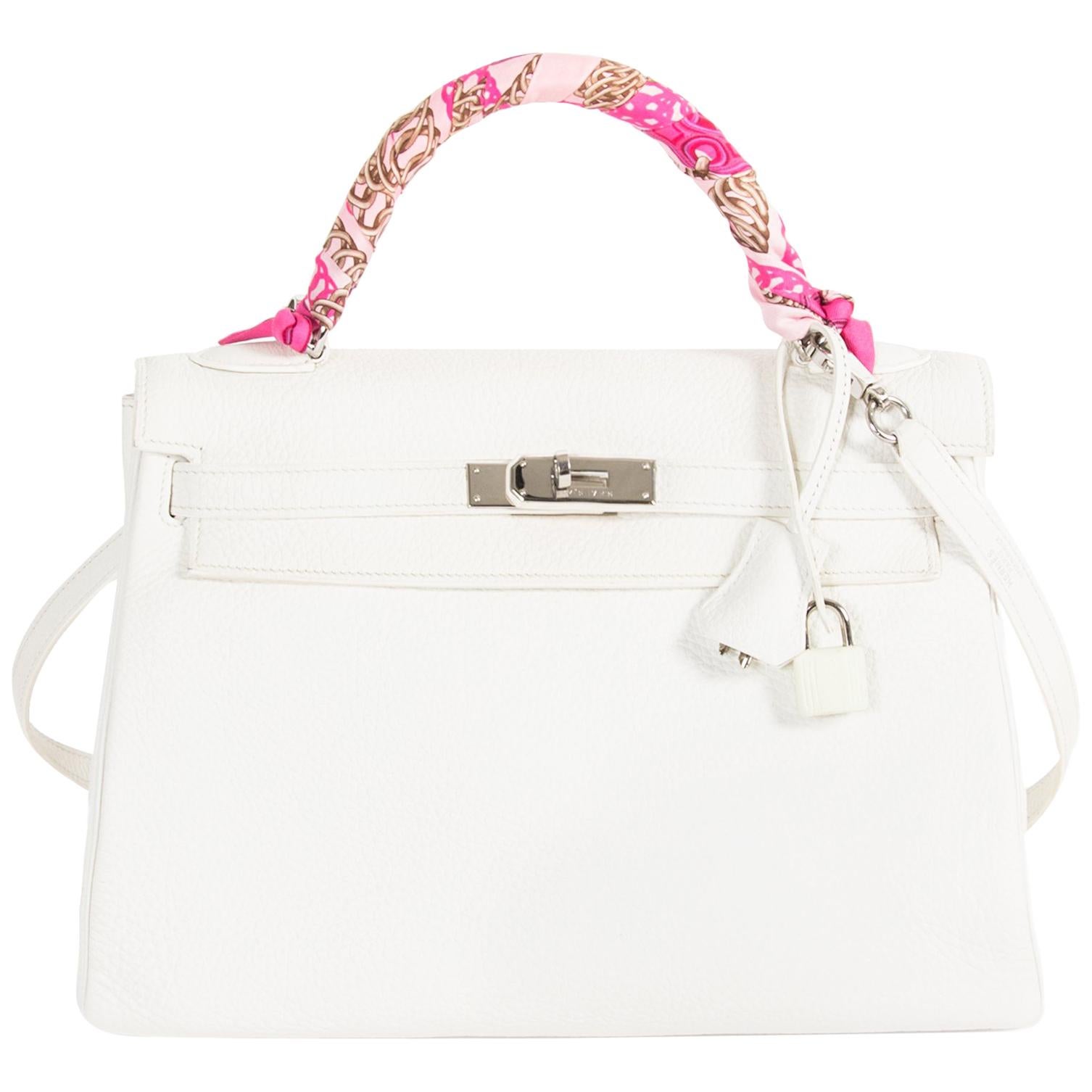 Hermès Kelly 32 White Clemence Taurillon PHW For Sale