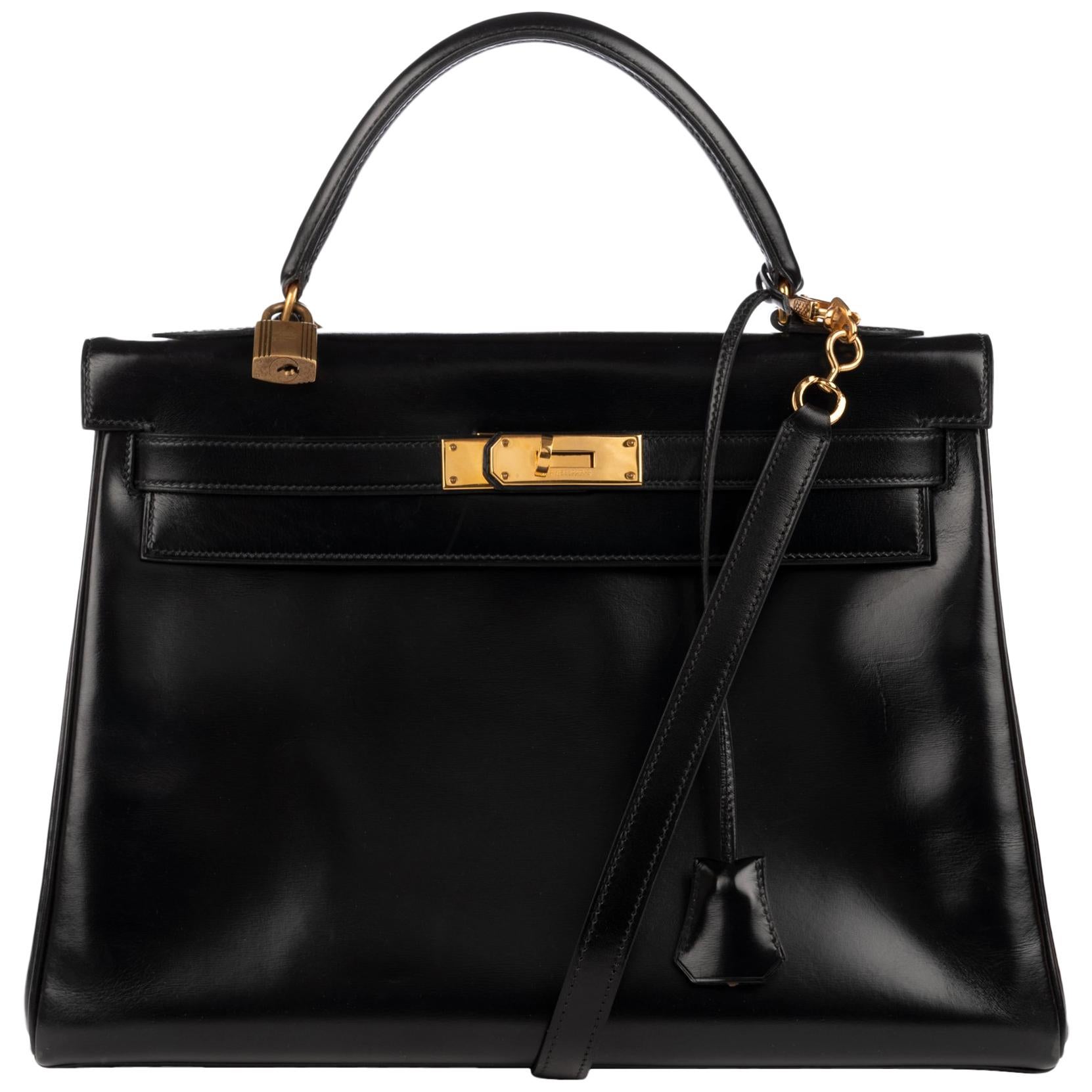 Hermes Kelly 32cm Black Box Leather Handbag