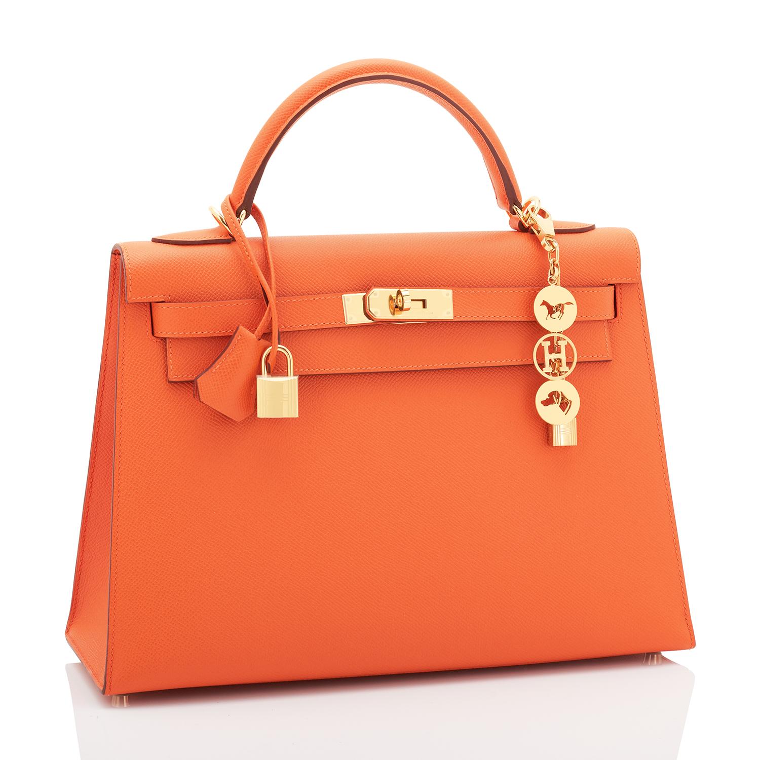 Hermes Kelly 32cm Classic Orange Epsom Gold Sellier Shoulder Bag RARE NEW 
Ultra rare and most sought-after Classic Hermes Orange!
New or Never Worn. Pristine Condition (with plastic on hardware). 
Comes with keys, lock, clochette, shoulder strap,