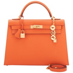 Hermes Kelly 32cm Classic Orange Epsom Gold Sellier Shoulder Bag ULTRA RARE NEW 